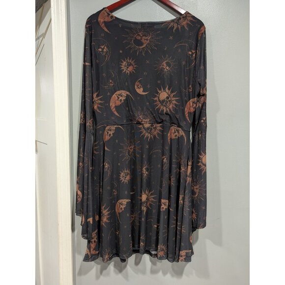 Cosmic Aura Women's Skull Celestial Mesh Bell-Sleeve Dress  Black Tan Sz 2X NWT - Picture 3 of 16